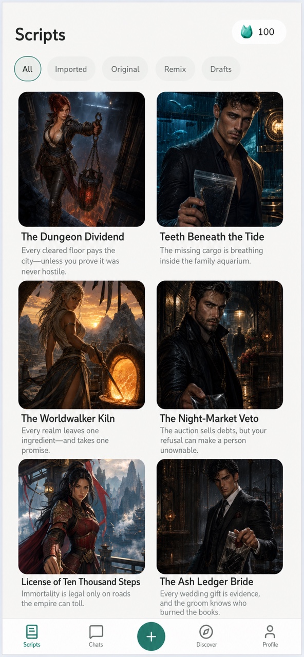 Oncilo home screen showing a grid of characters and stories